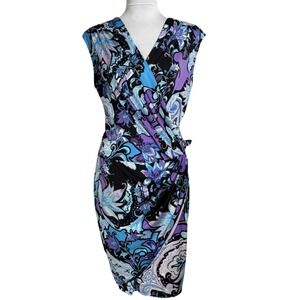 Cache Boho Paisley Faux Wrap‎ Dress Size 14 Jersey Knit Blue Purple Slinky Party